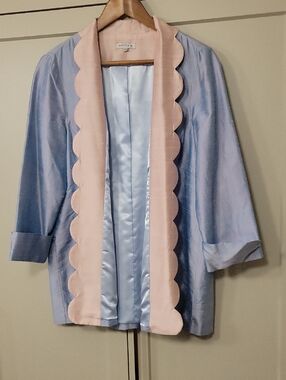PATTY KIM baby Blue and Pink 100 % silk blazer open front Scalloped Trim sz M